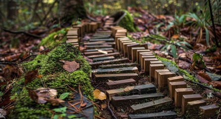A whimsical image of dominoes set up along a forest path, integrating seamlessly with natural elements like moss, leaves, and tree roots. The dominoes are weathered, with earthy tones that blend