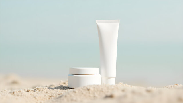 Mockup White Tube Bottle Cosmetic Jar on sand of beach lovely