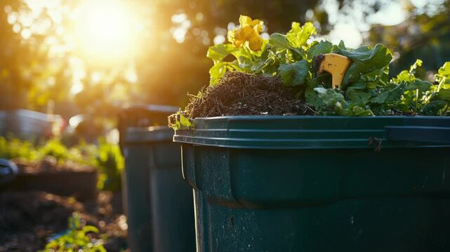 A filled green trash can with numerous plants inside.