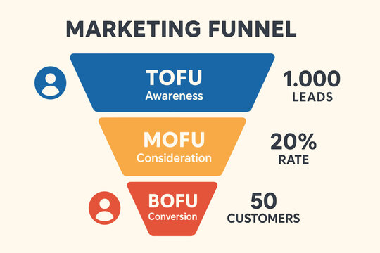 Marketing funnel diagram: awareness, consideration, conversion stages