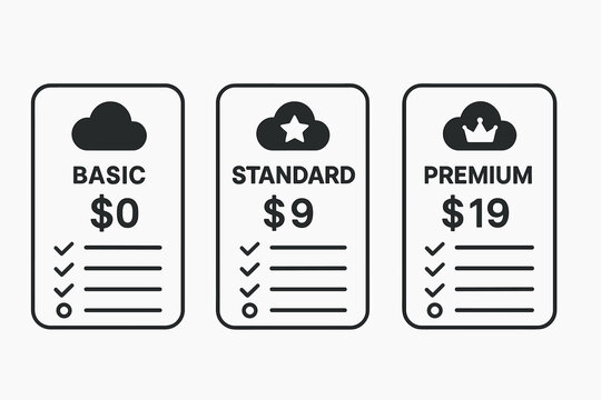 Basic, standard, premium pricing plans with features and costs