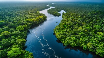 Obraz premium An aerial view of a winding river flowing gracefully through a dense green jungle, representing the beauty of nature and the importance of preserving such ecosystems.