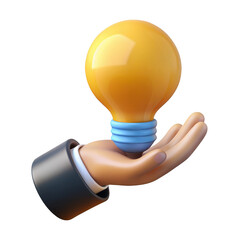 3d cartoon hand holding light bulb isolated on transparent background