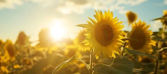 A wide-open field of sunflowers reaching towards the sky