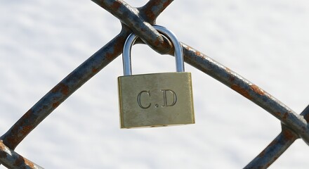 Padlock on a Rusty Fence Symbolizing Love and Security A Golden Padlock Placed on a Chain Link Fence Isolated Against a Winter Snowscape
