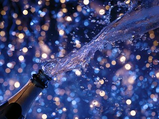 Celebratory Champagne Bottle Burst with Bokeh Background and Sparkling Splash