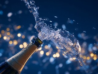 Celebratory Moment as Champagne Bottle Sprays with Bokeh Light Background