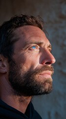 Thoughtful Bearded Man Deep in Contemplation in Warm Natural Light