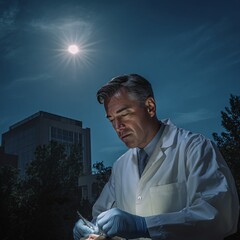 Dermatologist Carefully Examining Skin Sample Outdoors in Evening Light