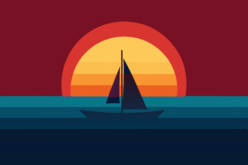Naklejka premium Sailboat at sunset minimalist ocean scene
