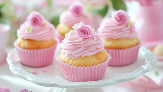Three decorated cupcakes on a cake plate with bright pink frosting, perfect for bakery or dessert photoshoots.