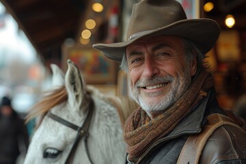 A cheerful older cowboy, wearing a hat and scarf, stands next to his white horse, radiating warmth and kindness in a rustic setting that reflects tradition and the bond between humans and animals.