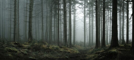 The serene forest enveloped in mist with towering trees and a winding path.