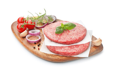 Fresh raw patties for burger, tomatoes and spices isolated on white