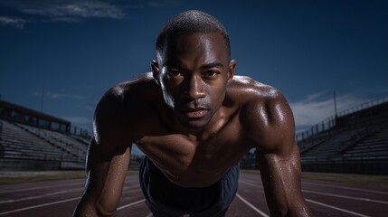 Determined Athlete Ready for Action on Empty Track Under Night Sky