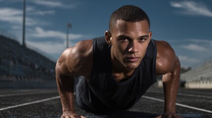 Athletic Man Focused on Intense Push-Up Workout Outdoors at Sunset