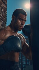 Determined Male Boxer Training Alone Outdoors Under Clear Sky In Intense Focus