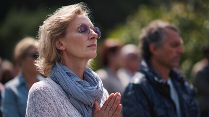 Serene Gathering of People in Outdoor Setting with Peaceful Expressions