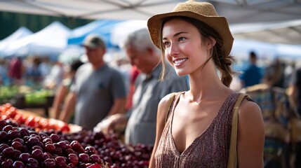 Young Woman Enjoying a Vibrant Day at the Local Farmers Market
