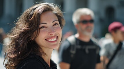 Smiling Woman Enjoying a Sunny Day Outdoors in a Bustling Urban Area