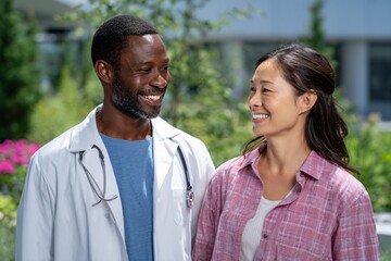 Doctor and Patient Enjoying a Warm Moment in a Garden Setting