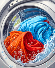 Colorful Clothes Agitating in Soapy Water Inside Washing Machine with Bubbles and Dynamic Movement Generative AI
