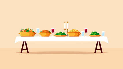Abundant dining table with various dishes and drinks for celebration  