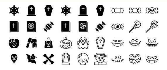 Halloween Icon Set: Spooky and Fun Black Glyph Illustrations