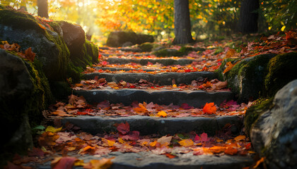 Ancient forest stairs covered with autumn leaves. Stone steps lead up to light. Scenic fall season view with colorful foliage. Natural path, fall landscape background