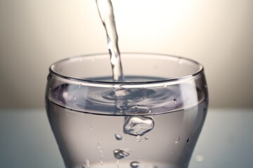 Pouring water into glass on gray gradient background, closeup