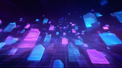 Futuristic interface with floating documents suggests advanced data processing, digital archiving, or the future of information management.