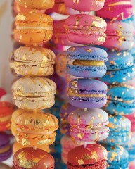 A whimsical yet tasteful close-up of a colorful macaron tower arranged in a playful pattern, each delicate pastry meticulously crafted and adorned with edible gold leaf. The image captures the indulge