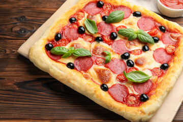 Tasty homemade pizza on wooden table, closeup