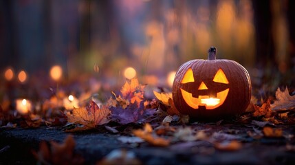A glowing jack-o'-lantern sits amongst colorful fallen leaves, its eerie smile illuminated against a dark, blurry forest backdrop.