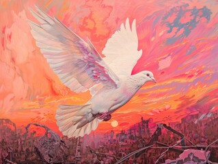 A white dove soaring above a battlefield with remnants of weapons below, vibrant sunset sky with hues of pink and orange, symbolizing peace, detailed feathers in sharp focus