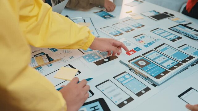 A dynamic scene showcasing team collaboration in a modern office. Individuals are engaged in brainstorming user interface designs with digital devices and notes spread across a table. SACTR