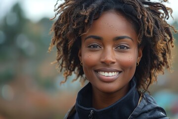 A stunning woman with curly hair and a radiant smile showcases happiness while enjoying a serene moment outdoors, capturing the essence of confidence and natural beauty.