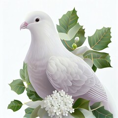 white dove with flower in its beak, white background