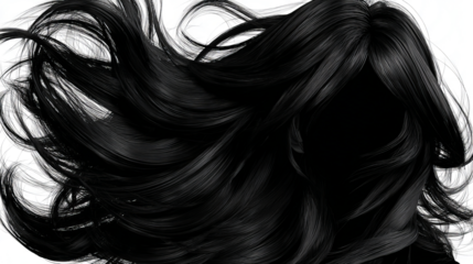 Black hair on a white background, flowing in the wind