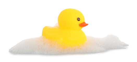 One cute rubber duck and foam isolated on white
