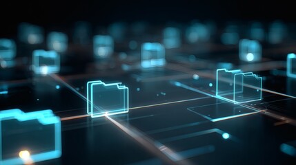 Abstract digital network of blue folders, symbolizing data management, cloud computing, and information organization with futuristic aesthetic.