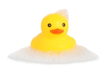 One cute rubber duck and foam isolated on white