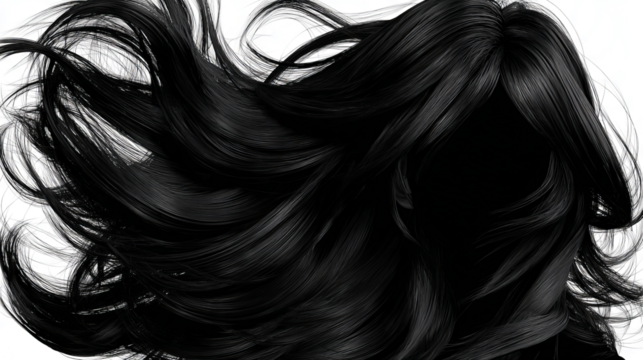 Black hair on a white background, flowing in the wind