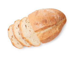 Cut loaf of bread isolated on white, top view