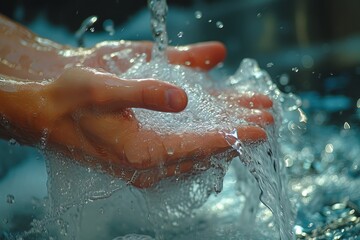 Fototapeta premium A pair of hands gently releasing water creates a serene moment of tranquility, illustrating the beauty of nature and the connection between humans and the elements.