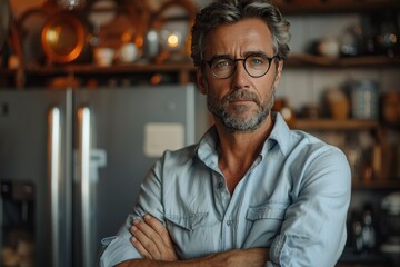 Obraz premium An introspective man stands thoughtfully in a modern kitchen, surrounded by stylish decor, embodying a sense of calm and contemplation in a welcoming domestic space.
