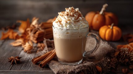 Warm pumpkin spice latte with whipped cream, cinnamon, and autumnal decor?perfect for a cozy fall treat and seasonal celebration.
