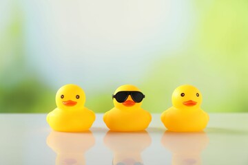 Three cute rubber ducks on table against blurred background