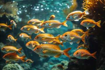 Naklejka premium A stunning underwater scene featuring a school of vibrant orange fish swimming gracefully among corals, illuminating the beauty of marine life in clear ocean water.