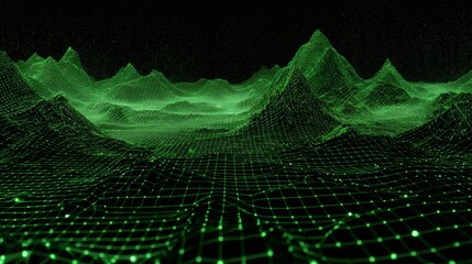 Stylized abstract mountain range rendered in green grid lines against a dark, starry background, creating a digital landscape effect.